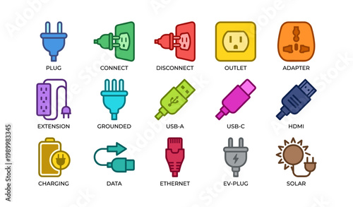 Electrical plug and connector icons arranged on white background