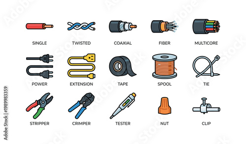 Cable and wiring icons showing connectors tools and supplies