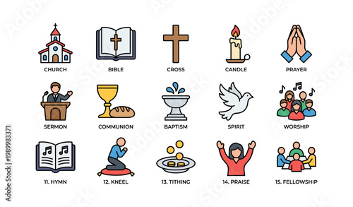 Church icon set showing religious symbols on white background