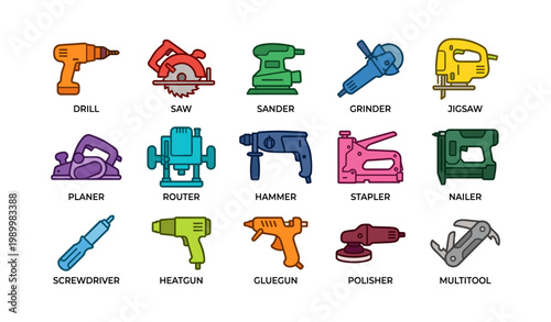 Power tools and woodworking equipment icons on white background