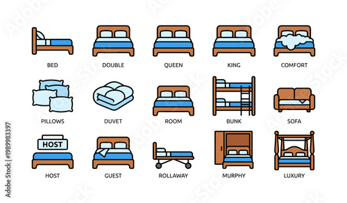 Bed types and bedding icons arranged on white background