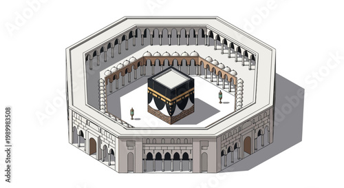 Isometric 3D vector illustration design of the Mecca, showcasing the Kaaba within a grand mosque complex, rendered with a minimalist style and neutral tones against a clean white