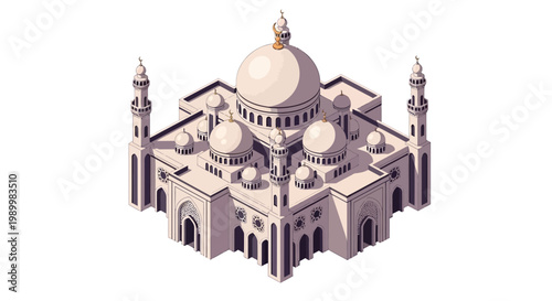 Isometric 3D vector illustration depicting the Mecca mosque with a clean, minimalist design, showcasing its architectural structure against a plain white background, rendered in a bright