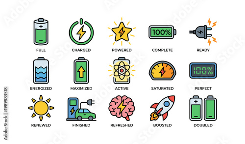 Battery and energy icons showing charged states on white background