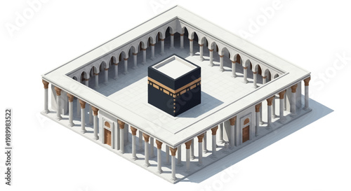 Isometric 3D vector illustration showcasing the Mecca building design, featuring a detailed architectural structure with pillars surrounding the central cube, rendered against a clean white