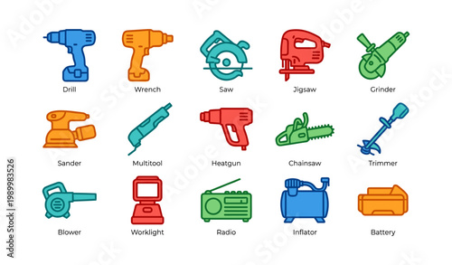 Power tools icons arranged in grid on white background