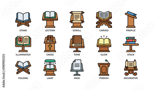 Set of book and lectern icons arranged on white background