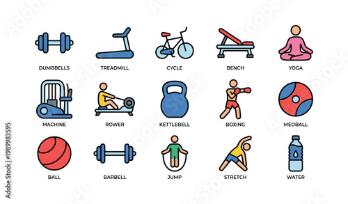 Gym equipment and exercise icons arranged on white background