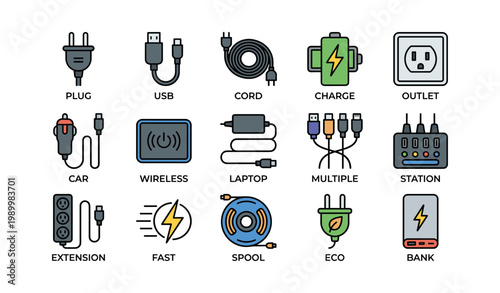 Charging and cable icons showing power accessories and connectors