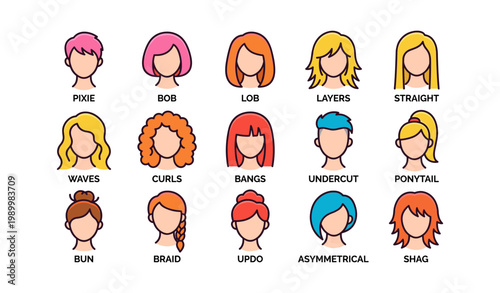 Hair style icons displayed in grid with varied cuts and colors