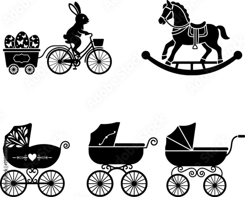 Vintage Baby Carriage and Toy Silhouette Collection with Classic Design Vector Illustration