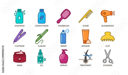Hair care and styling icons arranged in grid on white background