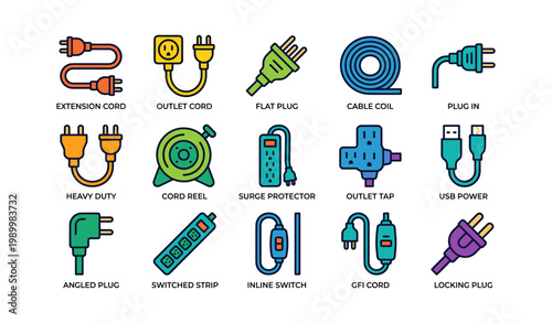 Electrical cord and plug icons arranged in grid on white background