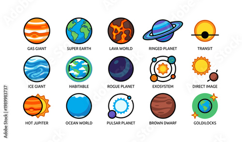 Planet icons showing exoplanet types and orbital systems on white