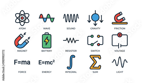 Physics symbols and scientific icons arranged on white background