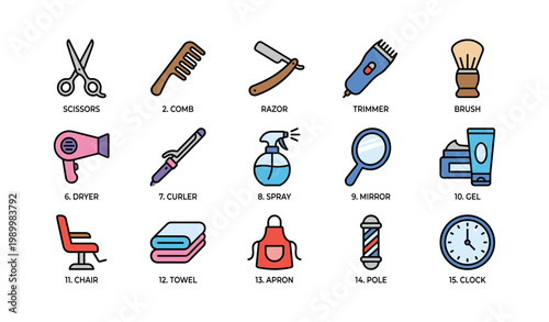 Barber tools arranged in grid on clean white background