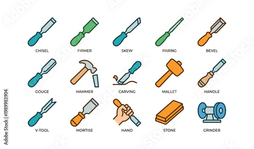 Woodworking chisel and tool icons arranged in grid on white background