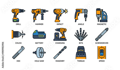 Power drills and accessories arranged in grid on white background