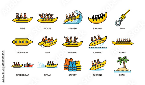 Banana boat icons showing riders, tow and safety gear on white