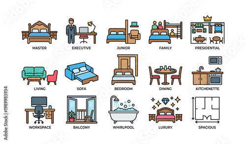 Hotel room icons showing different room types and amenities