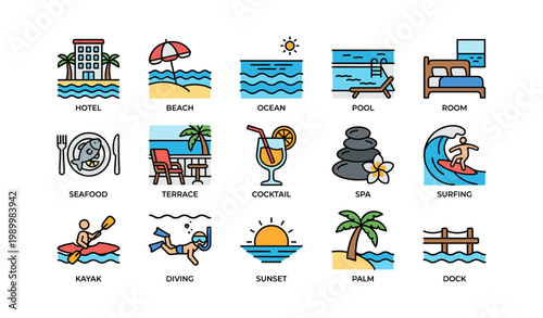 Beach resort and leisure icons showing hotel pool ocean and activities