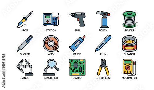 Electronics soldering and testing icons displayed on white background