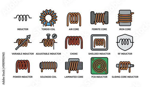 Inductor and coil icons showing electronic types on white background