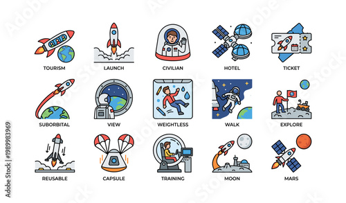 Space travel icons depicting tourism concepts on white background