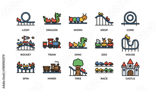 Roller coaster and themed ride icons arranged on white background