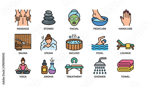 Spa and wellness icons showing treatments and relaxation area
