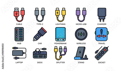 Cables adapters and charging accessories arranged in grid