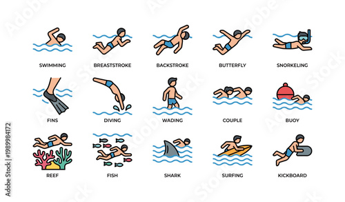 Set of swimming activity icons arranged in white grid