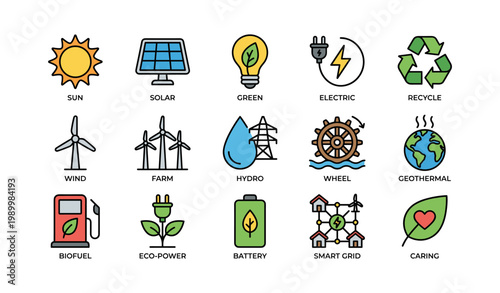 Renewable energy icons of sustainable power sources on white background