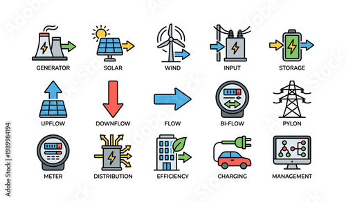 Energy flow icons showing generation input and storage on white