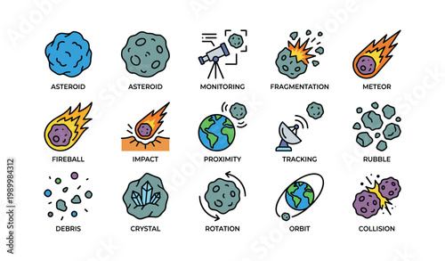 Asteroid and meteor icons depicting impacts and debris in space