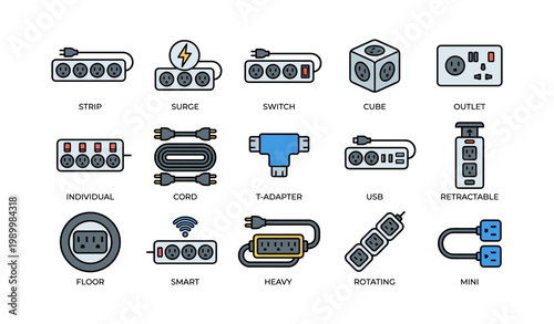 Power strip and adapter icons arranged on white background