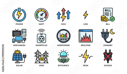Power monitoring icons showing consumption and grid status on white