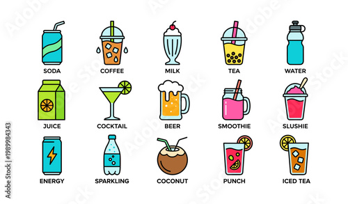 Assorted beverage icons arranged in grid on white background