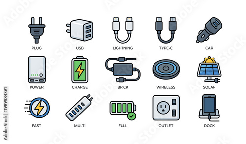 Power and charging icons with connectors on white background