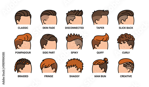 Men hairstyle variations displayed as labeled head illustrations