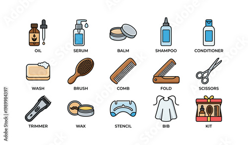Grooming and hair care icons showing tools on white grid background