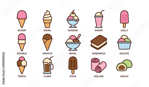 Ice cream icons showing cones sundaes and popsicles on white