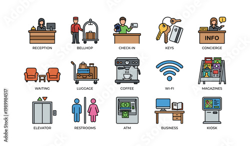 Hotel reception and lobby service icons arranged on white background
