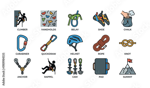 Rock climbing icons showing gear, climber and safety equipment