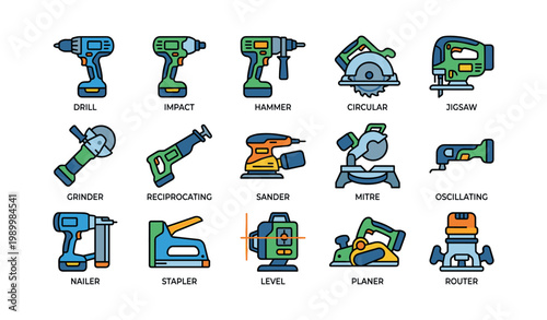 Power tool icons and woodworking equipment on white background