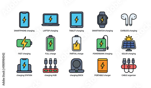Device charging icons showing gadgets and chargers on white background