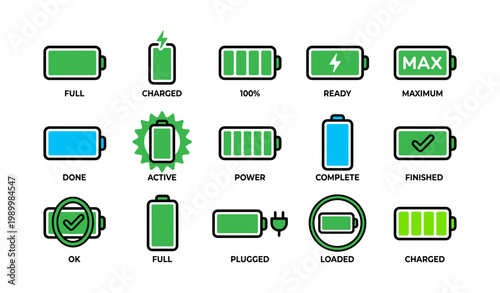 Battery icons indicating charge levels and status on white background