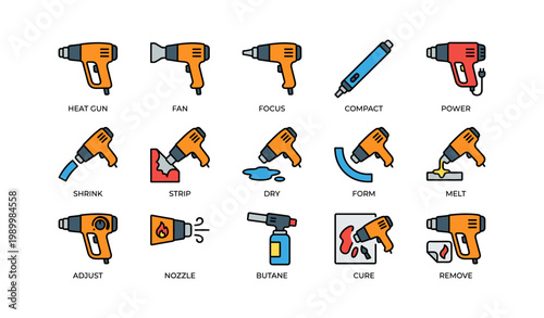 Heat gun icons showing functions and attachments on white background