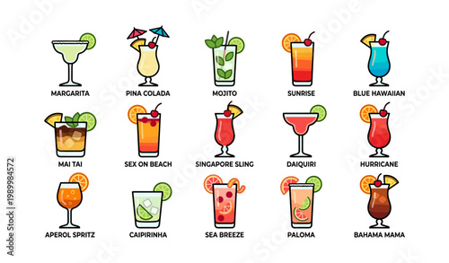 Cocktail icons showing named tropical drinks on white background