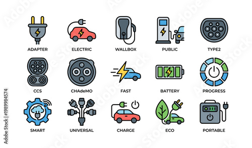 Electric vehicle charging icons and connectors on white background